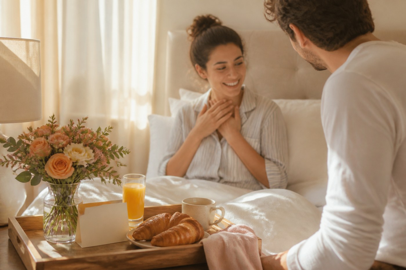 Colazione a sorpresa di compleanno con vassoio, fiori e biglietto scritto a mano