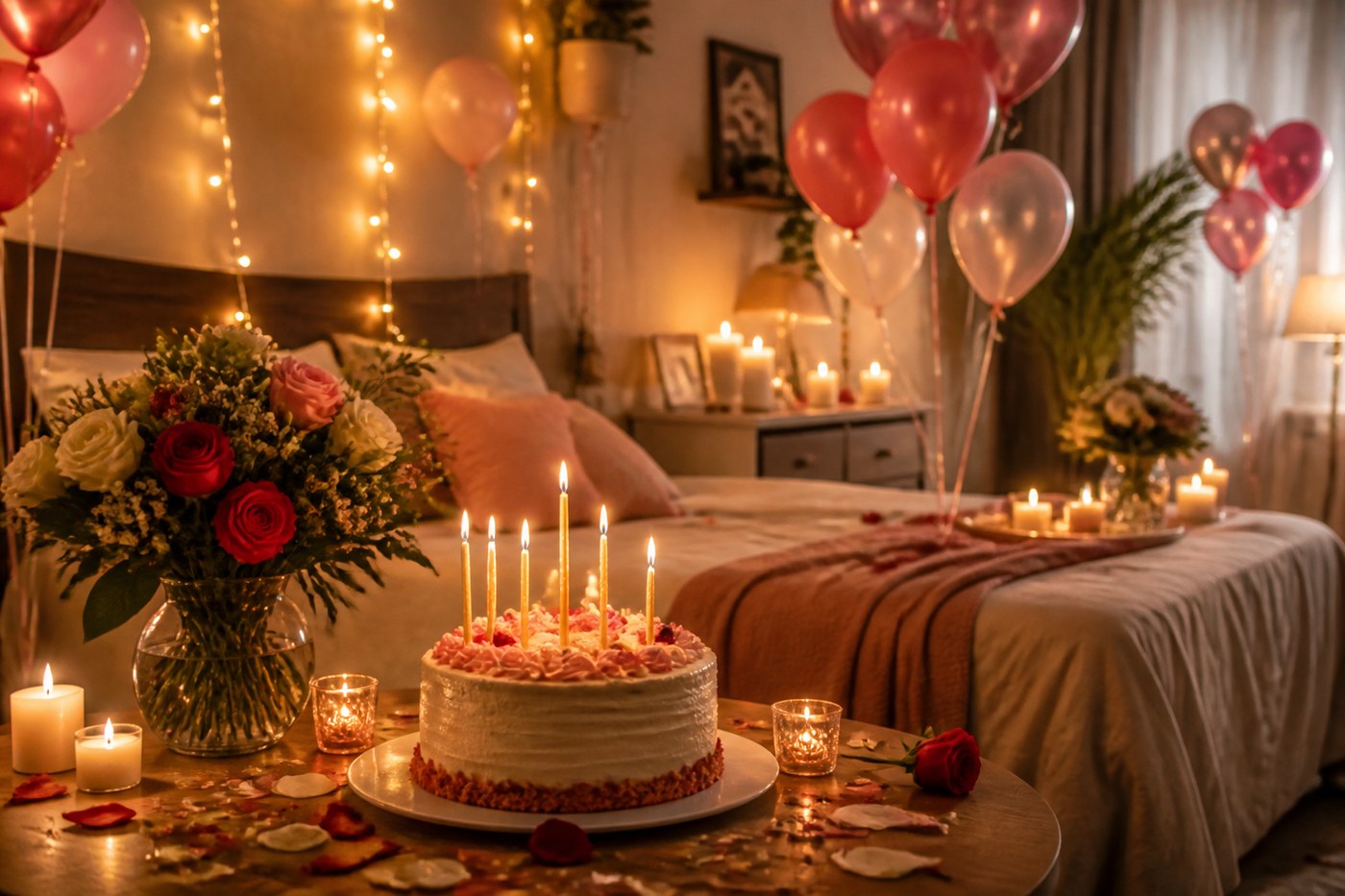 Torta, fiori e allestimento di compleanno pronti prima dell'arrivo