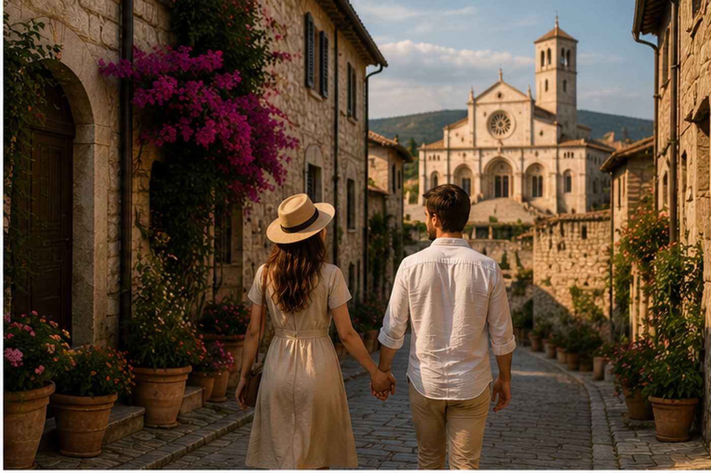 Coppia durante una giornata romantica ad Assisi in Umbria