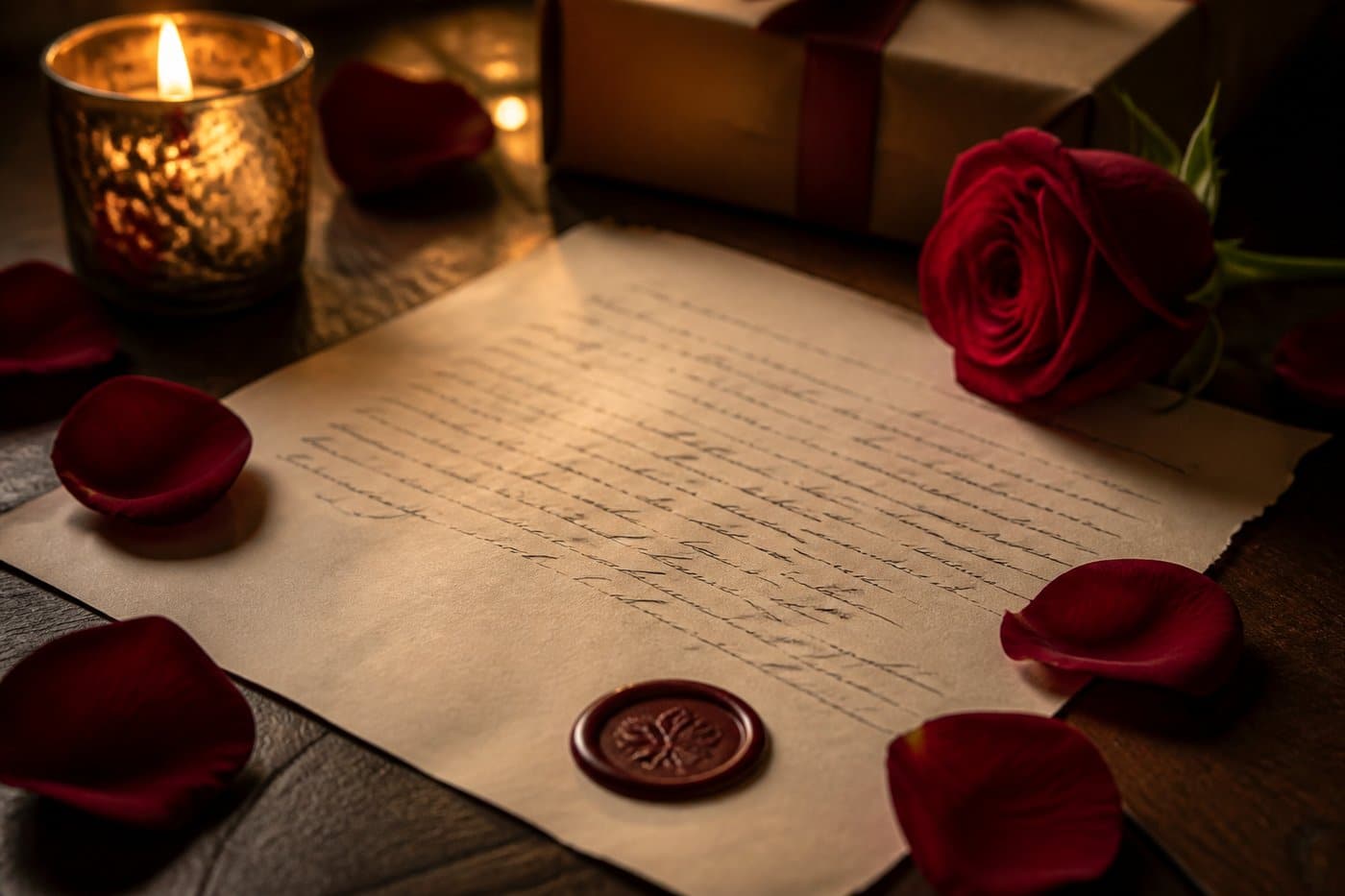 Lettera d'amore scritta a mano con candele e petali di rosa