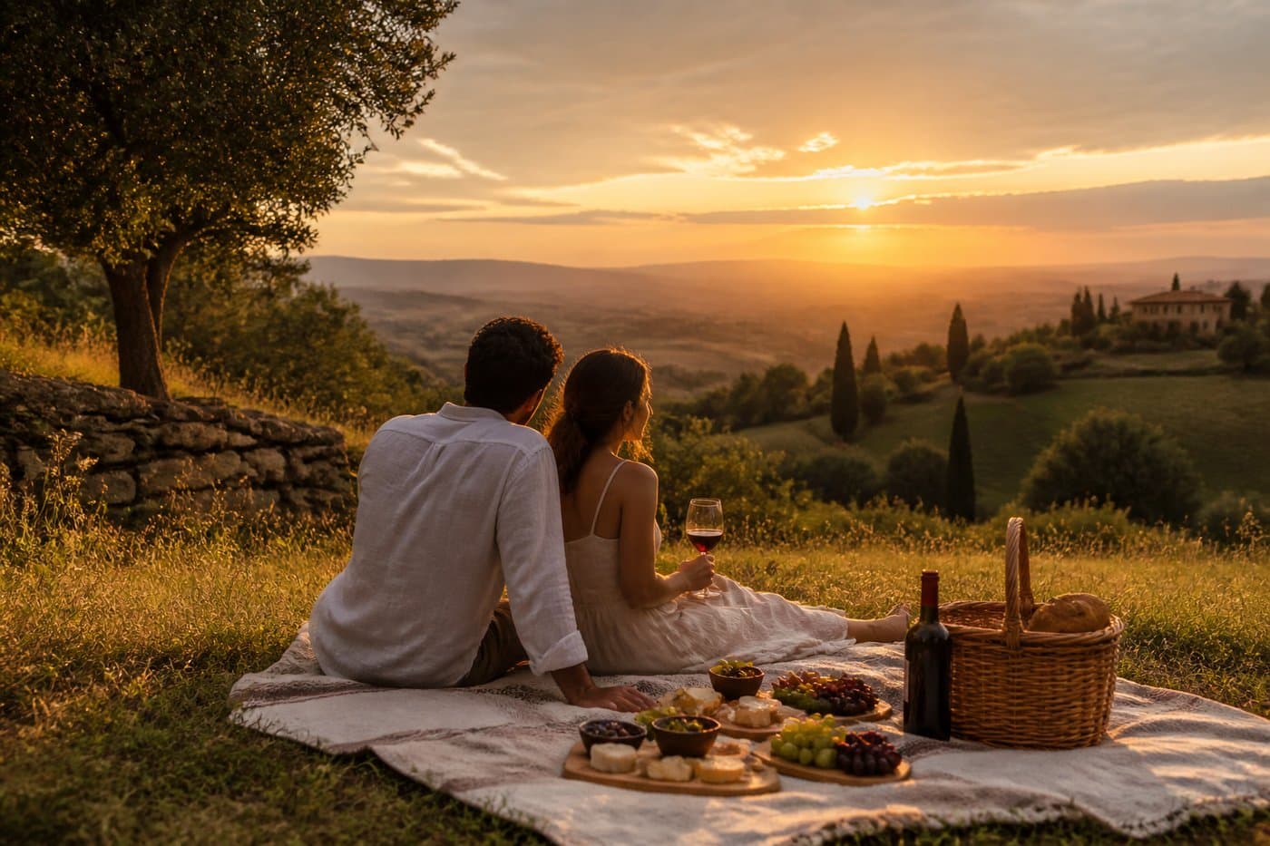 Picnic romantico al tramonto tra colline umbre