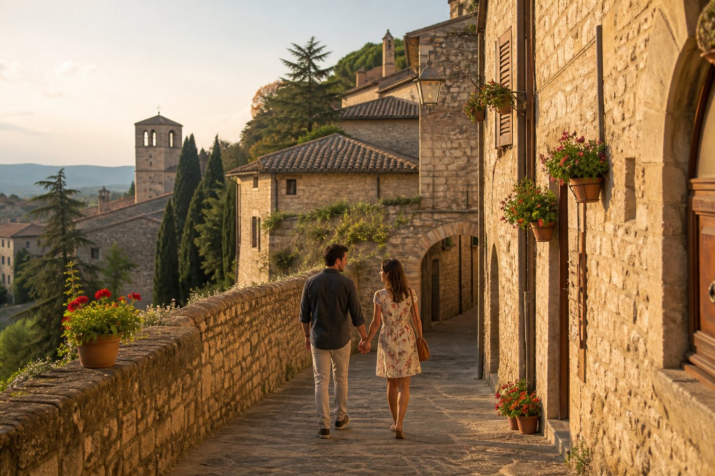 Passeggiata romantica mano nella mano in un borgo italiano