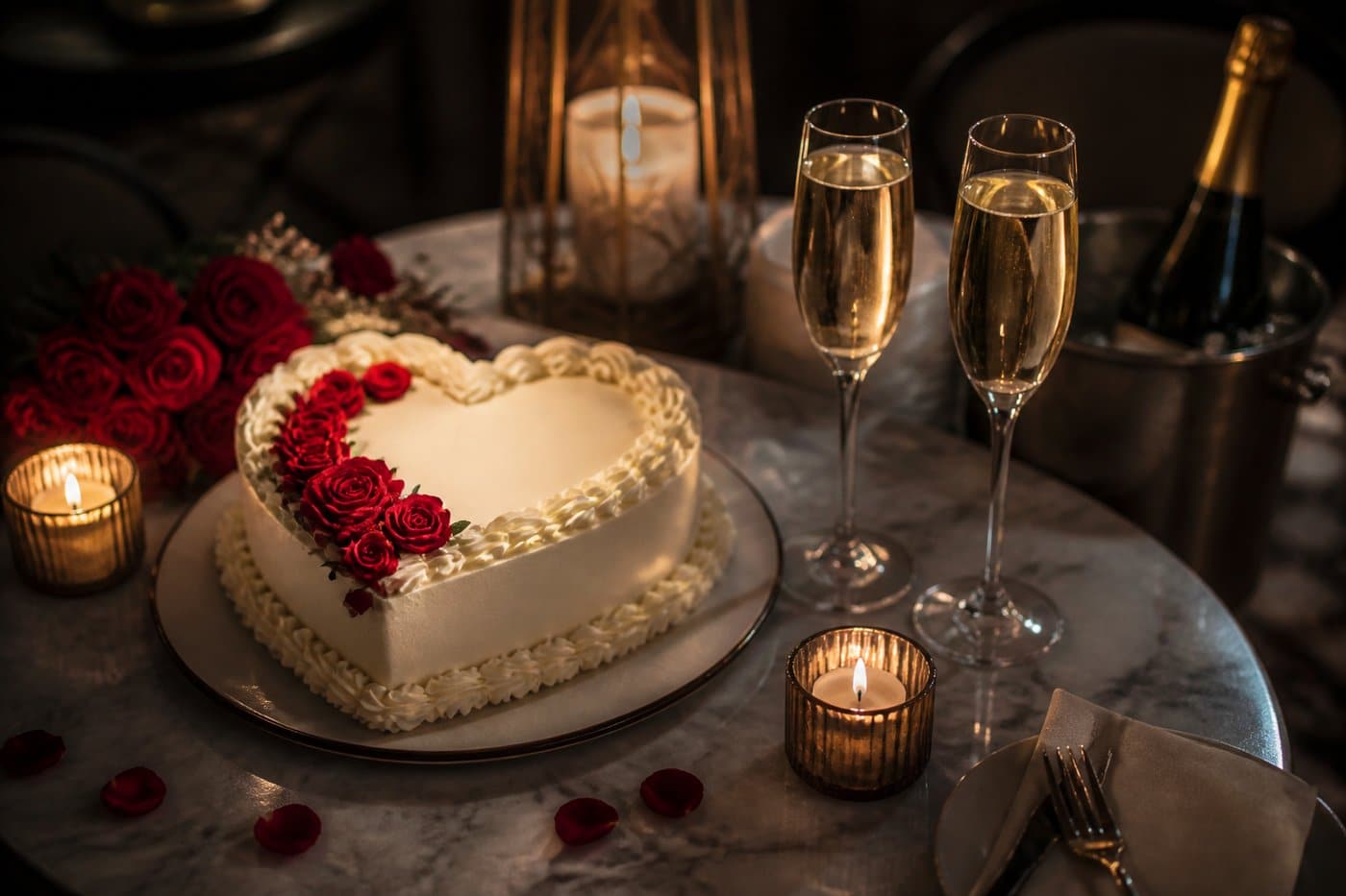 Torta a cuore e brindisi intimo per l'anniversario di coppia