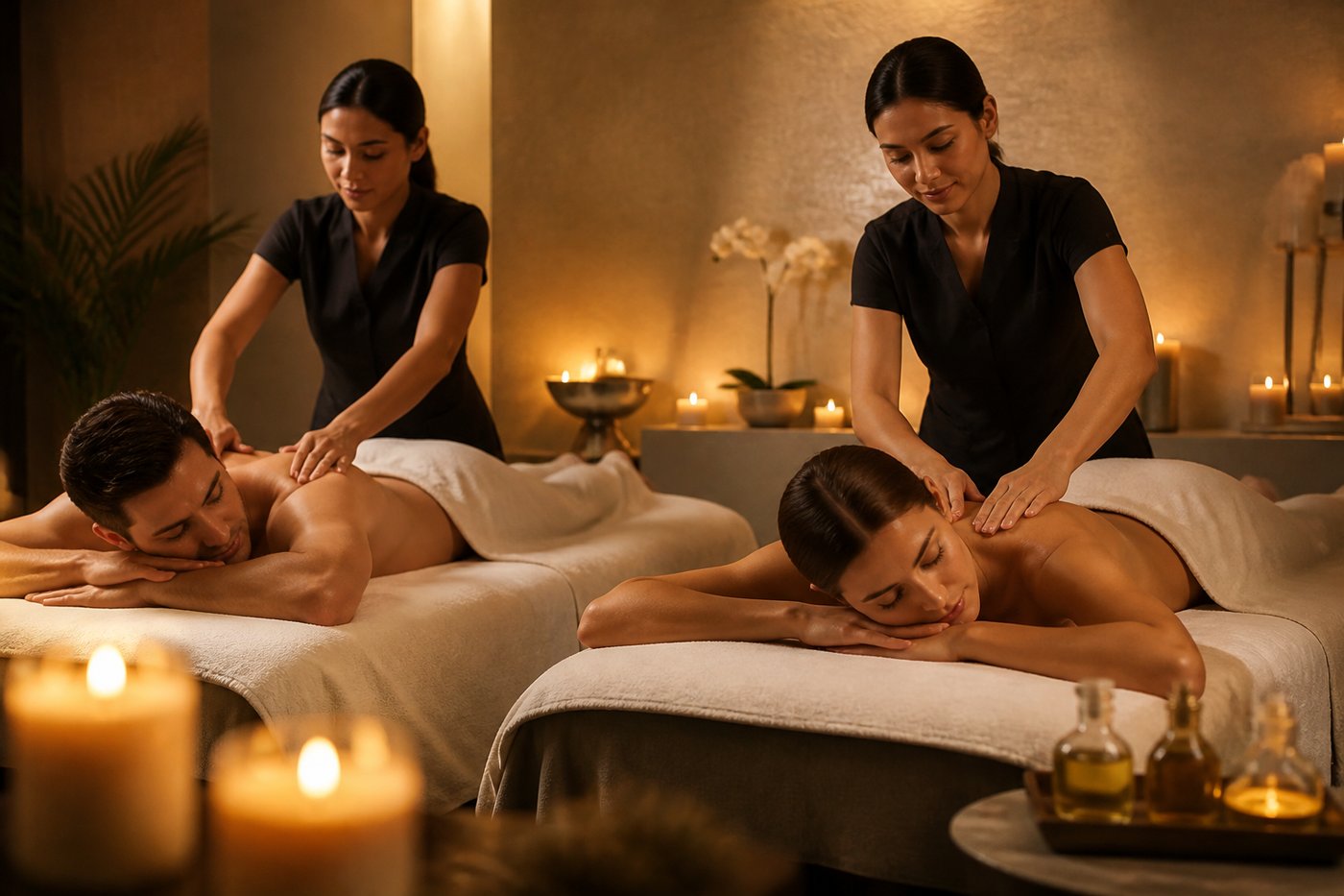 Massaggio di coppia in ambiente wellness rilassante