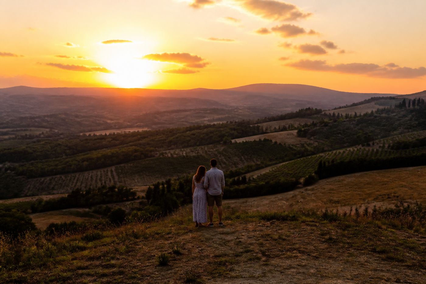 Coppia al tramonto in Umbria durante una proposta di matrimonio all'aperto