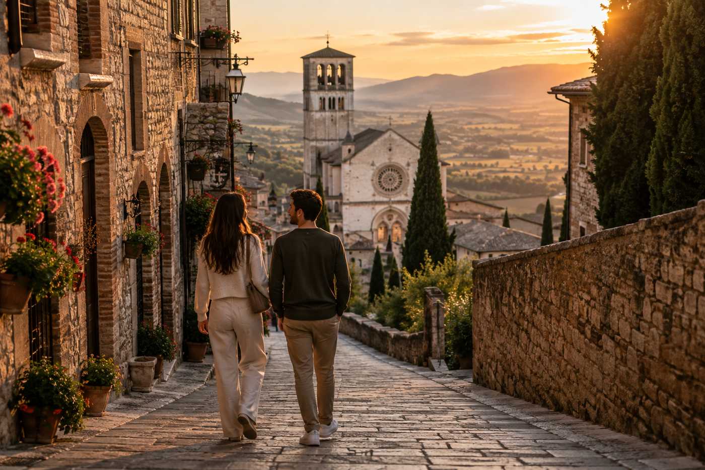 Coppia durante una passeggiata romantica ad Assisi in Umbria