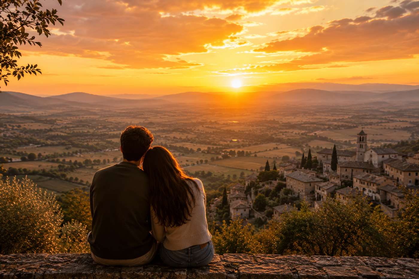 Coppia al tramonto durante un weekend romantico nella campagna umbra