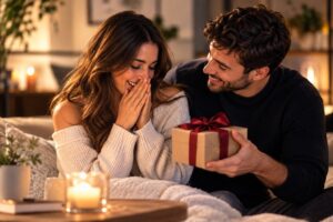 Coppia che apre un regalo romantico insieme, in un’atmosfera intima e luminosa