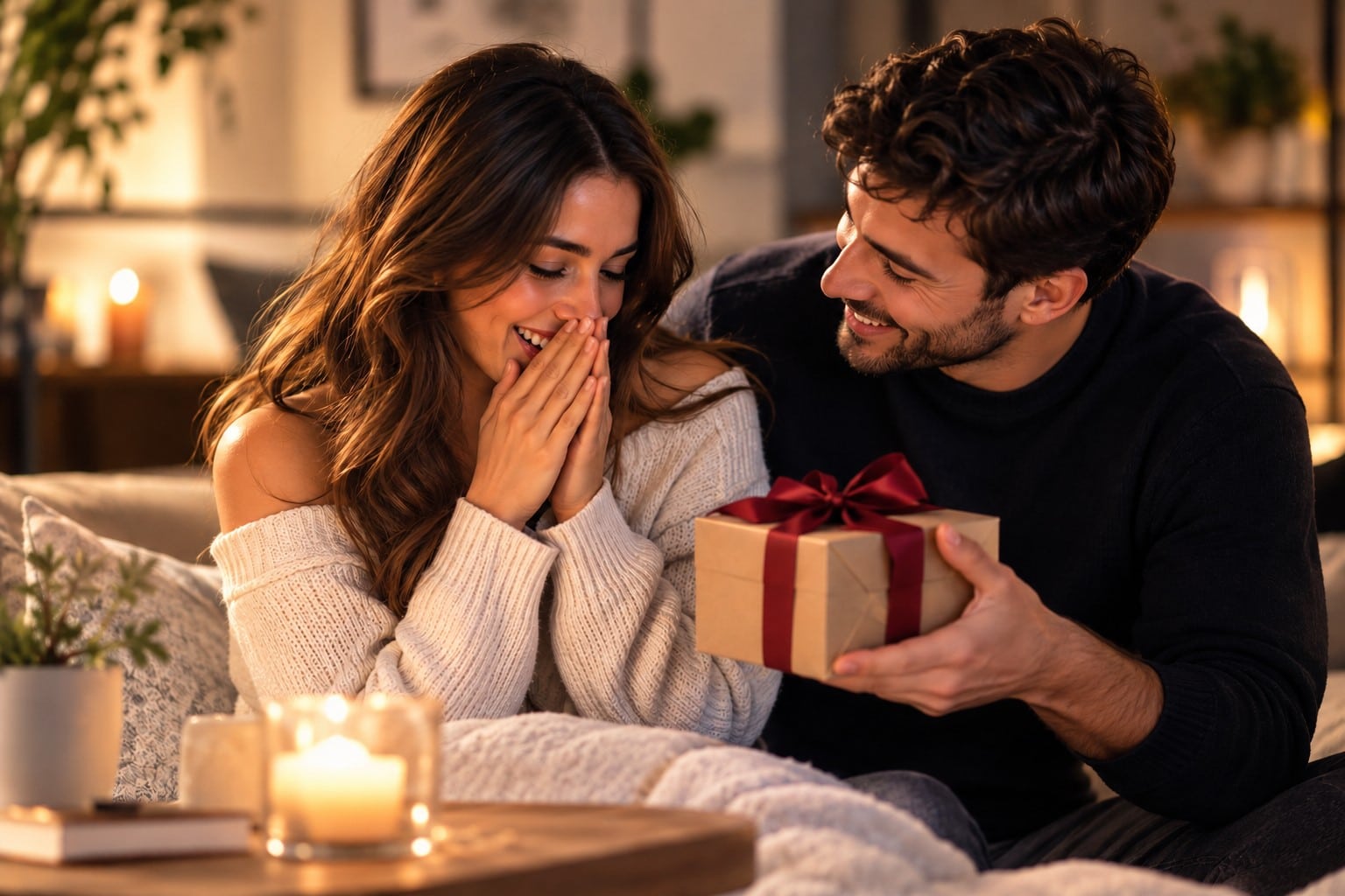 Coppia che apre un regalo romantico insieme, in un’atmosfera intima e luminosa