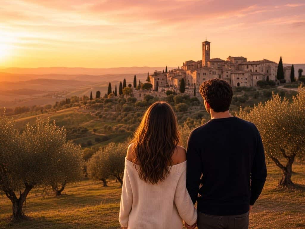 Coppia al tramonto davanti a un paesaggio collinare umbro